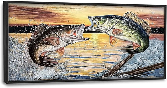 Large Fish Wall Art for Living Room, Framed Bass Fishing Wall Decor, Oversized Rustic Sunset Lake Canvas Painting Fish Pictures Modern Artwork Home Decoration for Living Room Bedroom Office 60"x30"
