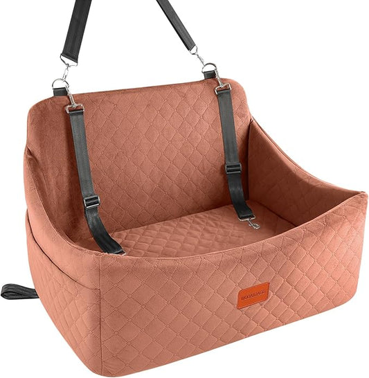 Dog Car Seat for Medium & Large Dogs Up to 55lbs, Memory Foam Cushion, Washable Cover, Safety Straps & Non-Slip Base (Brown, Large)