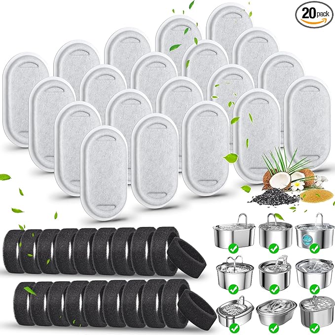 40 Pack Cat Water Fountain Filters-Cat Fountain Replacement Filters for Stainless Steel 108/3.2L& 67oz/2L Adjustable Water Flow Pet Water Fountain(20 Pack Pet Water Filter Refills+20 Pack Sponges)
