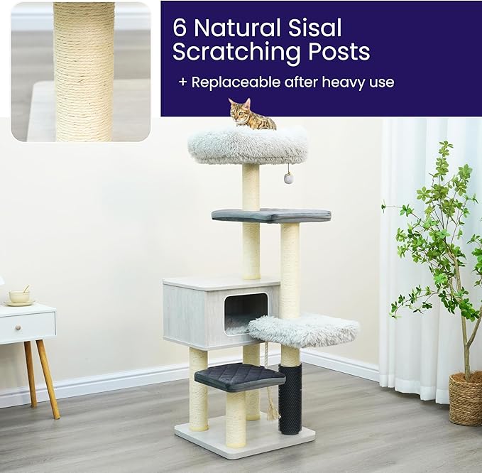 Catry Kasio 6 Level 54" High Modern Cat Tree with Laminated Wood Condo,Replaceable Scratching Posts,Removeable Washable Beds, Self Grooming Brush and Toys.(Light Gray)