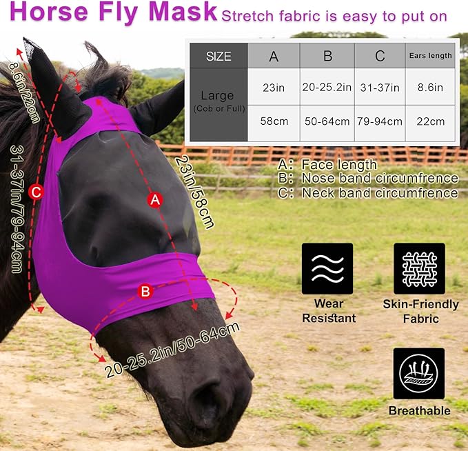 2 Piece Horse Fly Mask with Ears, Comfortable Fit Stretch Fabric Big Eye Space Soft Breathable with UV Protection for Full Horses (Purple-Gray)