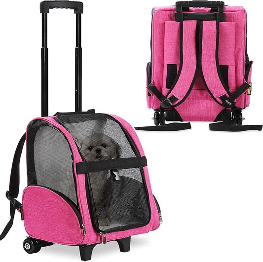 KOPEKS Deluxe Backpack Pet Travel Carrier with Double Wheels for Pets up to 18 Pounds - Pink