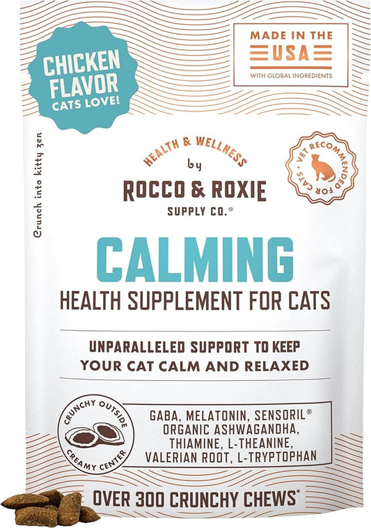 Rocco & Roxie Cat Calming Treats with Melatonin for Cats, Stress and Anxiety Relief, Keep Calm for Grooming, Travel, or Vet Visits, Aid Sleep with Organic Ashwagandha and GABA, Chicken Flavored Chews