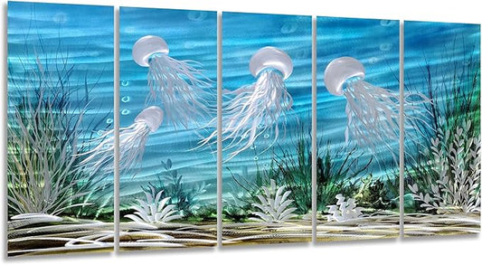 SYGALLERIER Coastal Metal Wall Art Handcrafted 3D Jelly Fish Aluminum Artwork Modern Sea World Pictures Contemporary Abstract Sculpture for Living Room Bedroom Bathroom Decor