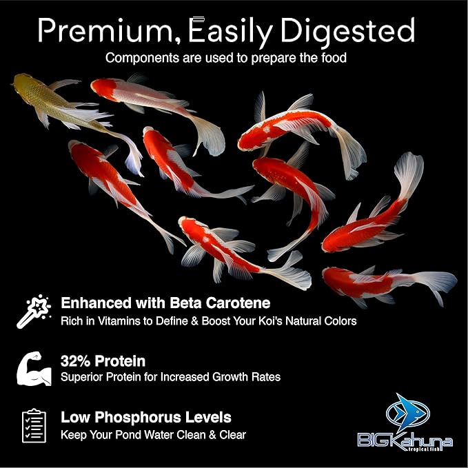 Big Kahuna Koi Fish Food- 45lbs Food – Made in The USA - Floating Pellets – 3/16" - 1/4" Pellet Size – 32% Protein Fish Food – Rich in Nutrients