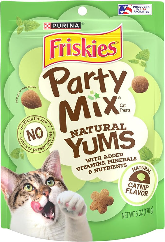 Purina Friskies Made in USA Facilities, Natural Cat Treats, Party Mix Natural Yums Catnip Flavor - (Pack of 6) 6 oz. Pouches