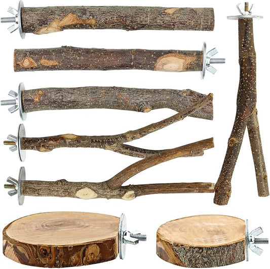 Natural Wood Bird Perches for Cage, Parrot Perch Stand & Platform, Bird Cage Accessories for Parakeets, Cockatiels, Conures, Lovebirds (Brown, Core Perch & Platform - 8PCS)
