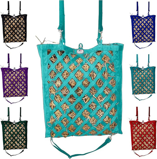 Majestic Ally Premium Nylon Hay Bag for Horses and Livestock, Simulates Grazing, Slow Feeding, Heavy-Duty PP Webbing,Quick-Adjust Straps, Small Hole for Digestion, Multiple Colors (Turquoise)