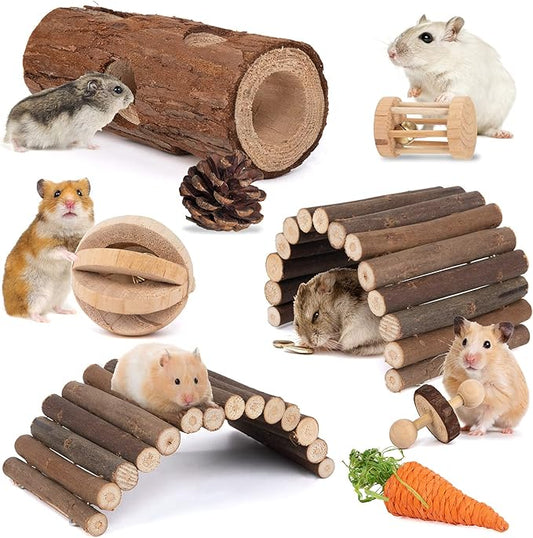 Sofier Hamster Toys Hamster Accessories for Cage Natural Guinea Pig Toys and Chews for Teeth Rat Toys Chinchilla Toys Wood Hideout Bridge Apple Wood Sticks