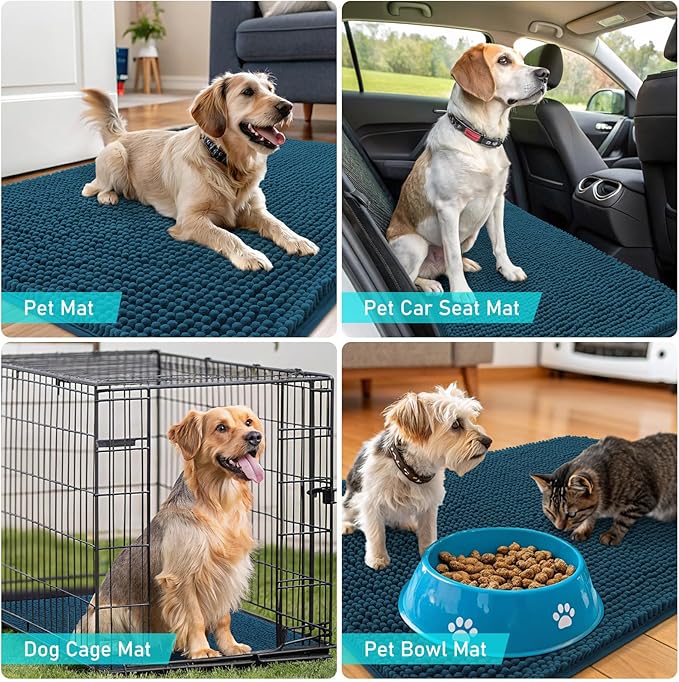 OLANLY Dog Door Mat for Muddy Paws 59x24, Absorbs Moisture and Dirt, Absorbent Non-Slip Washable Doormat, Quick Dry Chenille Mud Mat, Entry Indoor Entryway Carpet for Inside Floor, Atlantic Blue