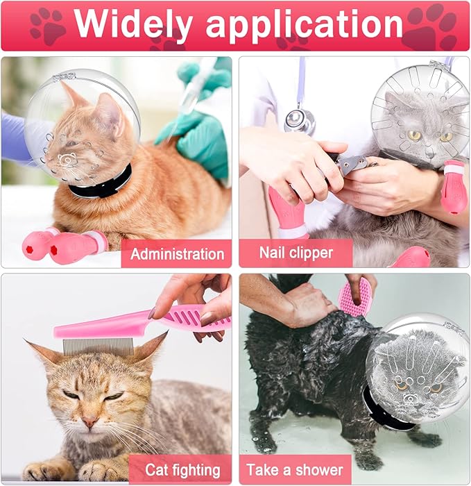 Cat Muzzle for Grooming Cat Adjustable Hood with Paw Covers Nail Clipper Trimmer Brush Tick Remover Tool Kitten Breathable Anti Bite Muzzles Silicone Anti Scratch Boots for Cats Bathing Shaving