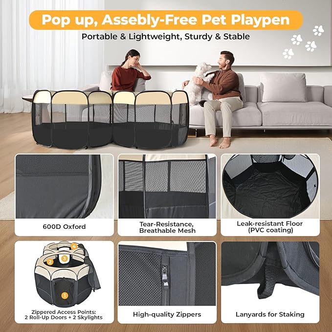 EighteenTek 2-in-1 Pop Up Cat Playpen XLarge, Dog Puppy Pet Playpen, Indoor Outdoor Cats Enclosed, Cat Tent House Crate Cage, Portable & Foldable Playpen for Kittens(No Divider, Unified Space)