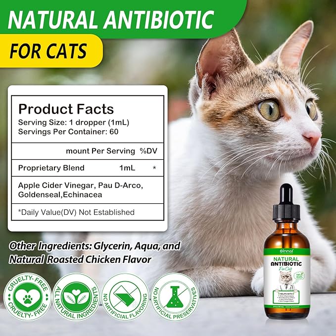 2PACK Antibiotics for Cats, Cats Antibiotics for Injections, Natural antibiotic for Cat Immune & Allergy Relief, Cough Relief, Yeast Injection, UTI Treatments, Cat Antibiotic Supplement Drops, 2*60ML