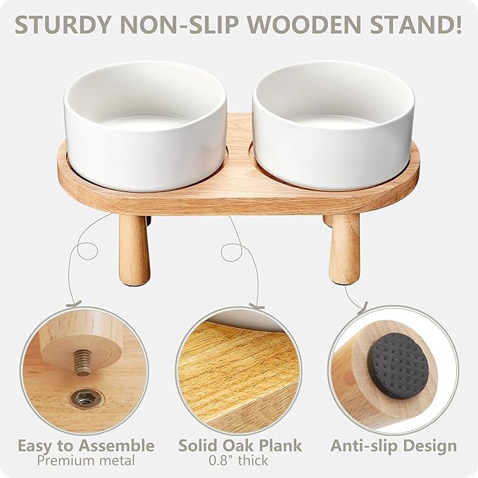 Ceramic Elevated Dog Bowls, Pet Food and Water Bowl Set for Medium and Small Dogs, 3.5 Cups Dog Bowls Raised with Wood Stand, 29OZ, White
