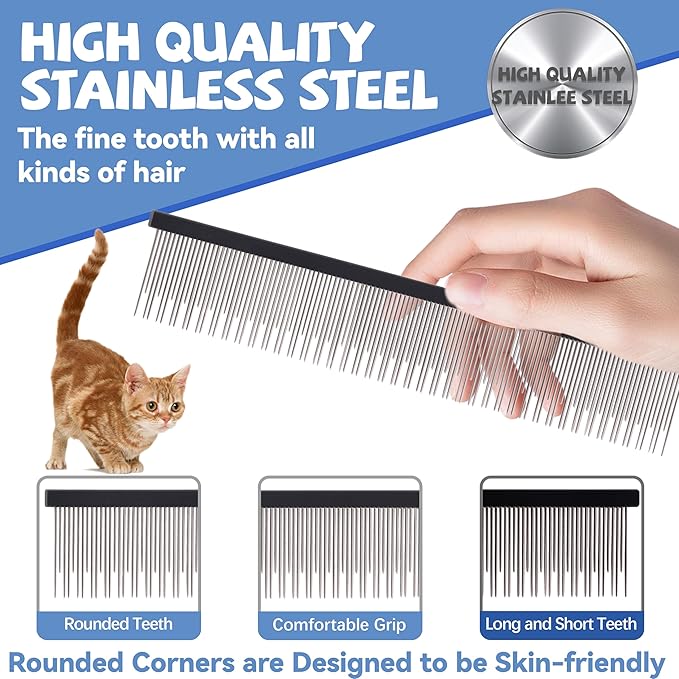 8.5 Inch Upgrade Black Professional Cat Comb,Dual-Tooth Pet Grooming Comb Anti-Static Smooth Rounded Corners Prevent Friction Breakage and Irritation,Removing Tangles,Knots,Undercoat and Excess Hair