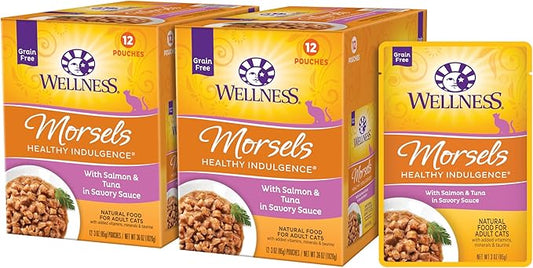 Wellness Healthly Indulgence Morsels Adult Wet Cat Food, Natural, Protein-Rich, Grain Free, 3 Ounce Pouch, 24 Pack, (Salmon & Tuna)