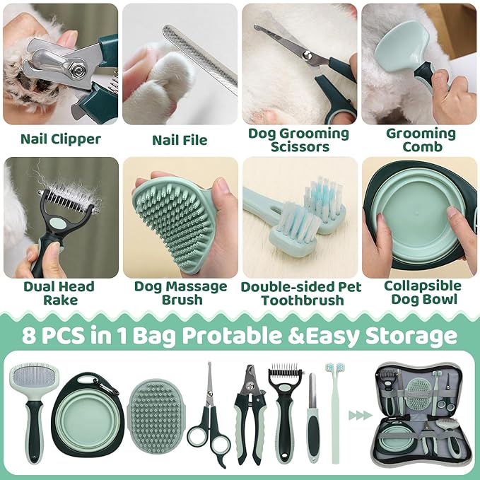 8-in-1 Pet Grooming Kit for Dogs & Cats - Includes Slicker Brush, Nail Clippers, Comb, Scissors, Toothbrush & Collapsible Bowl - Deshedding, Hair Trimming & Care Set, Travel Bag