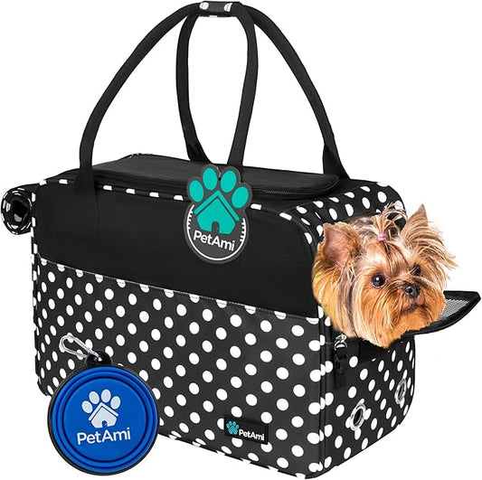 PetAmi Dog Purse Carrier for Small Dogs, Airline Approved Soft Sided Pet Carrier with Pockets, Ventilated Dog Carrying Bag for Puppy Cat, Dog Travel Supplies Bag, Sherpa Bed, Max 12 lbs, Polka Dot