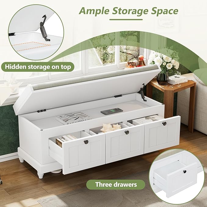 Classic Shoe Storage Bench with Cushion and Three Drawers, Fluted Entryway Bench with Storage for Entryway, Living Room, Hallways 44.0" L x 15.9" W x 18.9" H White