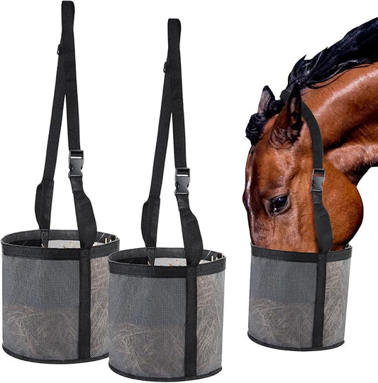 2 Pcs Horses Feed Horse Bag for Grain Hay Bags Heavy Duty Mesh Horse Feeder with Adjustable Strap Comfort Neck Pad Nose Pad and Waterproof Bottom Muzzle(Gray)
