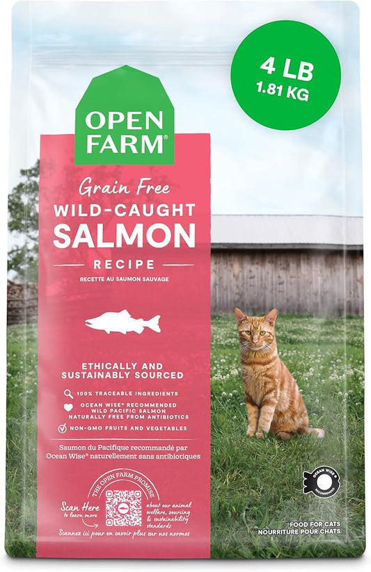 Open Farm, Grain Free Dry Cat Food, High-Protein Kibble for a Complete & Balanced Diet, Non-GMO Fruits & Vegetables, Prebiotic Fibers to Support Digestion, Wild-Caught Salmon Recipe, 4lb Bag