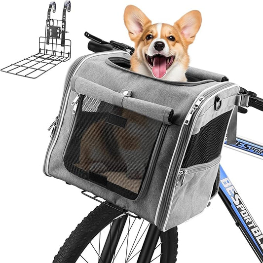 Xixter Dog Basket for Bike, Suitable for Small & Medium Pet Up to 7 kg, Foldable 4-in-1 Pet Bike Basket, Crossbody, Shoulder and Car Seat, with Sturdy Bracket and 4 Mesh Windows, Gray