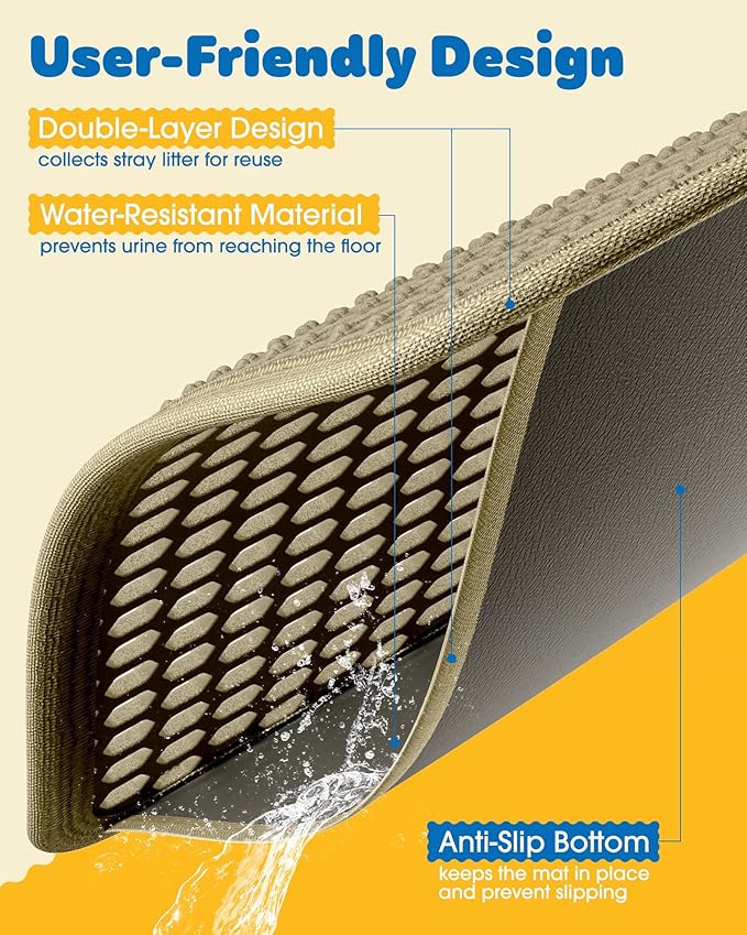 Cat Litter Mat - 23.2'' x 14.6'' Small Litter Trapping Mat, Easy to Clean Litter Box Mat, Waterproof, Urine-Proof, Non-Slip Kitty Litter Mats for Floor, Beige