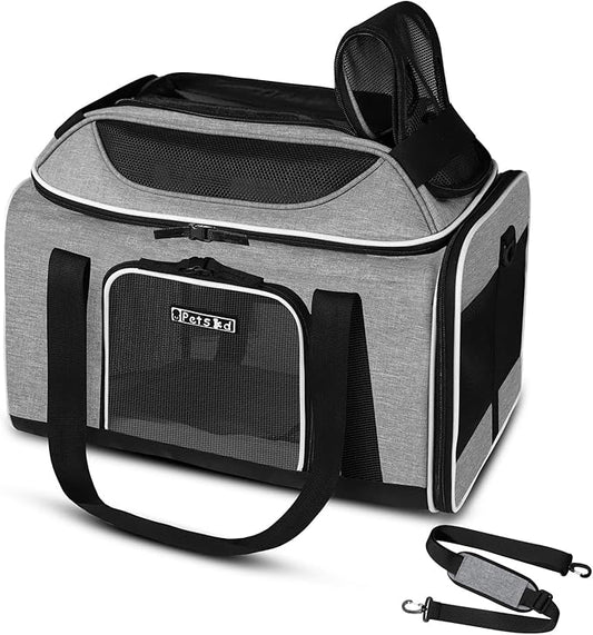 Petskd Top-Expandable Pet Carrier 18x13x9.5 Inches Southwest Airline Approved, Soft-Sided Carrier for Small Cats and Dogs with Locking Safety Zippers and Anti-Scratch Mesh(Grey)