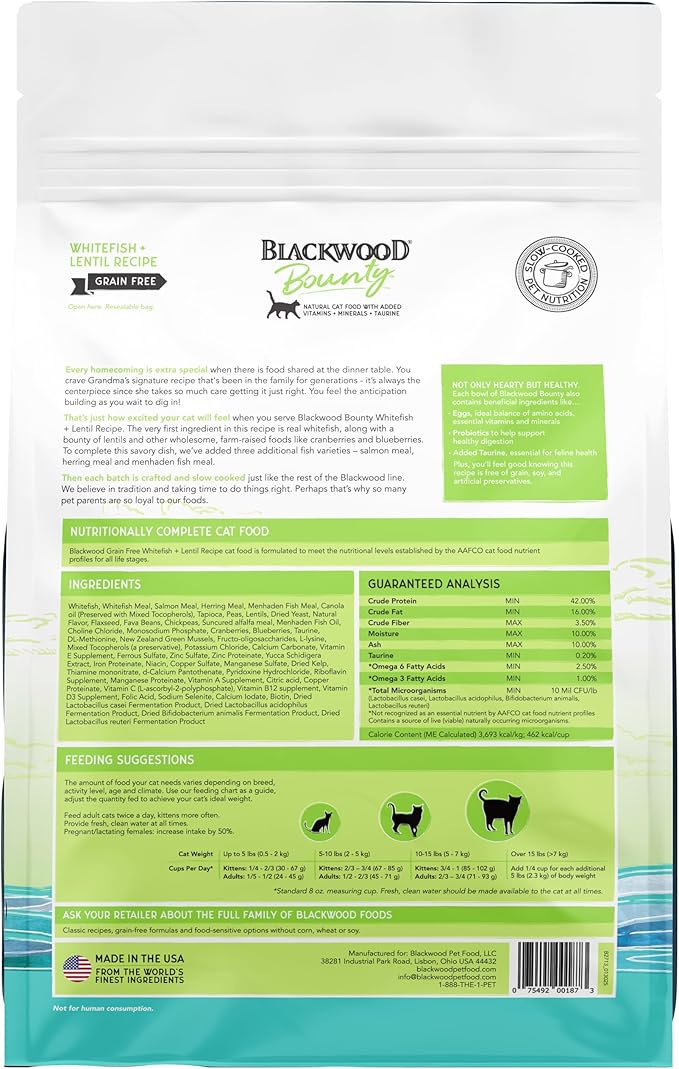 Blackwood Bounty Dry Cat Food, Whitefish & Lentil Recipe for All Life Stages, 2 Pound Bag, High Protein, Grain Free