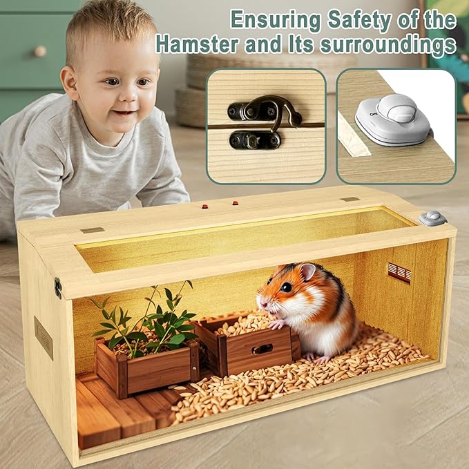 32" Hamster Habitat Enclosure, Top Opening Lockable Roof Door, Gerbil Dwarf Hamster Cage with Hygrometer, Chewproof Syrian Hamster Cage for Mice, Small Animal, (Wooden, 32" L x 16" W x 16" H)