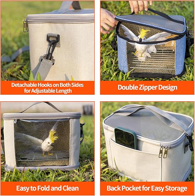 Bird Travel Carrierm, Small Bird Travel Backpack Carrier Cage with Tray and Breathable Clear Window, for Parakeet Cockatiel Budgies, for Camping Hiking (Beige)