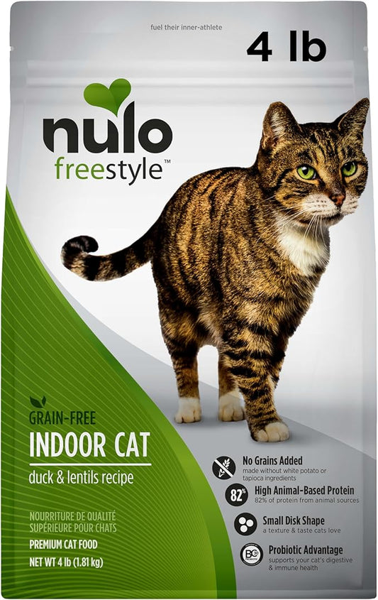 Nulo FreeStyle High Protein Indoor Cat Food, Duck & Cod Recipe - Natural Grain-Free Dry Indoor Cat Food with Omega Fatty Acids, & Probiotics, 4 lb Bag