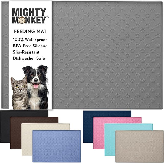 MIGHTY MONKEY 100% Waterproof Dog Food Mat, Raised Edges Silicone Pet Feeding Placemat for Cat, Dogs, Pet Bowls, High Lipped Tray Prevents Water Spills, Food on Floor, Dishwasher Safe, 22x14, Gray