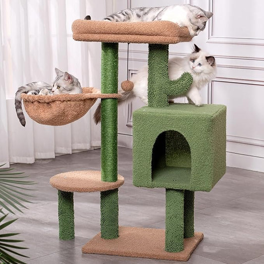 Cactus Cat Tree Small Cat Tower with 32 Inches Scratching Post with Cats Condo House, Cozy Hammock and Removable Top Bed and Dangling Ball for Indoor Cats-34” Green