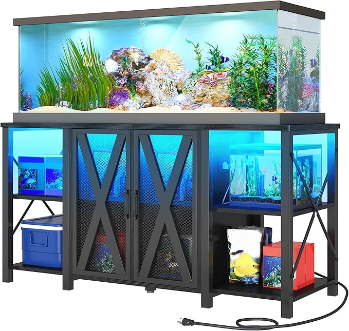 DWVO Reptile Tank Stand Aquarium Stand with Power Outlet & LED Light, 75/90/120 Gallon Terrarium Stand Cabinet - Heavy Duty Fish Tank Stand for Turtle Tank, Reptile Terrarium, 2000LBS Capacity, Black