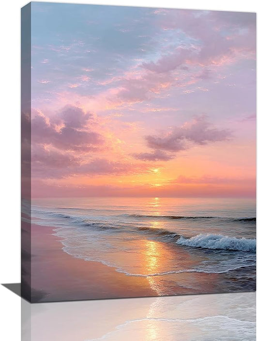 Beach Sunset Wall Art Ocean Coastal Scenery Wall Decor Seascape Picture Canvas Landscape Painting Print Framed Artwork Decorations for Living Room Office Bedroom Kitchen 12"x16"