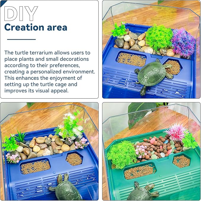 Aquatic Turtle Tank Habitat Kit Stone+Filter+Heat Lamp Enhancing Interaction with 360° Viewing, Standalone Filtration, DIY Creative Zone, Enriched Living (Green, Large[with Light])