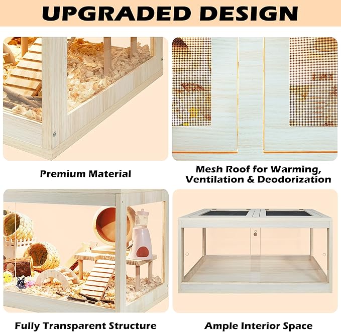 Prolee Hamster Cage Wooden, Mice and Rat Habitat, Hamster Cage with Openable Mesh Top, Clear Acrylic Solid Built with Lock Design, Oak 40"