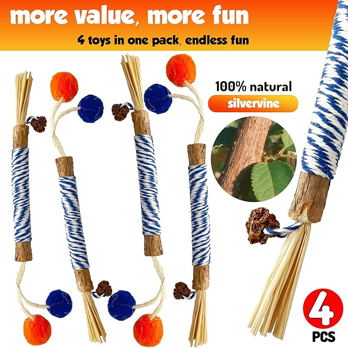 Catnip 4PCS Chew Stick with Wrapped Cotton Rope – Natural Dental Care Cat Toy for Teeth Cleaning & Gum Health, Satisfies Chewing Instincts, Safe & Long-Lasting Kitten Teething Toy