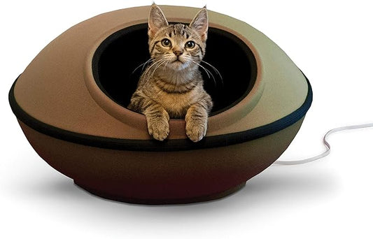 K&H Pet Products Heated Cat Bed for Large Cats, Thermo-Kitty Mod Dream Pod Heated Cat Cave Tent House Bed for Indoor, Warming, Washable Cushion, Waterproof Heater, Safety Listed - 22in Round Tan