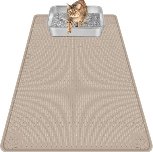 Cat Litter Mat, Extra Large 40" x 28" Silicone Mat Litter Trapping Mat for Scatter Control, Soft on Kitty Paws, Easy to Clean (Khaki)