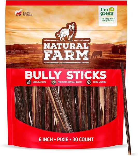 Natural Farm Bully Sticks (6 Inch, 30 Pack), Thin Pizzle Pixie Beef Treats, Grain-Free, High Protein, Best Rawhide Alternative for Small, Puppies or Senior Dogs