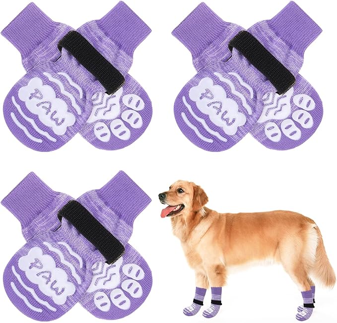 BEAUTYZOO Anti Slip Dog Socks for Small Medium Large Dogs with Grips Straps on Hardwood Floor Protection Wear, Traction Control 4 Pairs Double Side Paw Protector to Prevent Licking for Girl or Boy