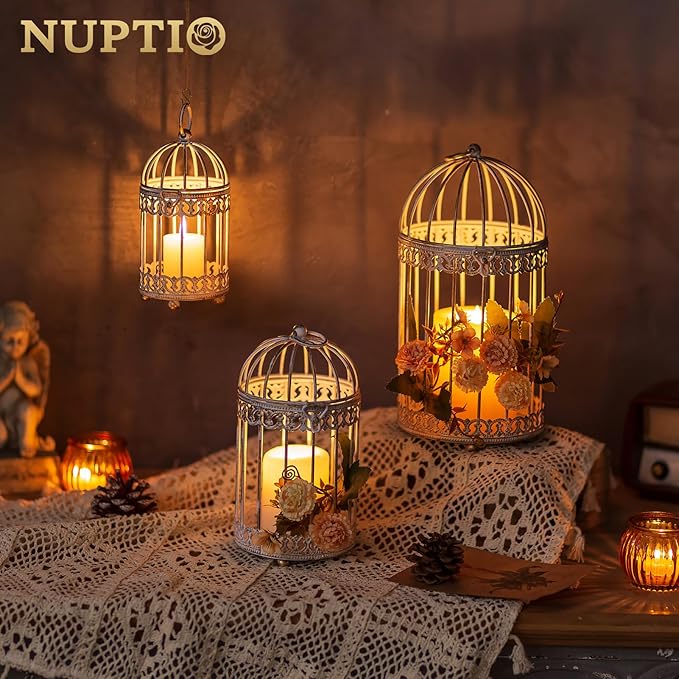 NUPTIO Tea Light Candle Holders: 2 Pcs 6 inch H Distressed White Bird Cage Lantern Centerpiece Hanging Metal Birdcage Tealight Votive Holder for Home Fireplace Dining Table Living Room Decoration