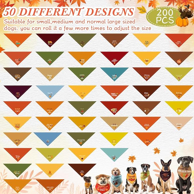 200 Pcs Fall Thanksgiving Dog Bandana Bulk with Sayings Pet Triangle Scarf Bibs Washable Puppy Kerchief Adjustable Grooming Supplies for Small Medium Large Dog Cat Costume Accessories
