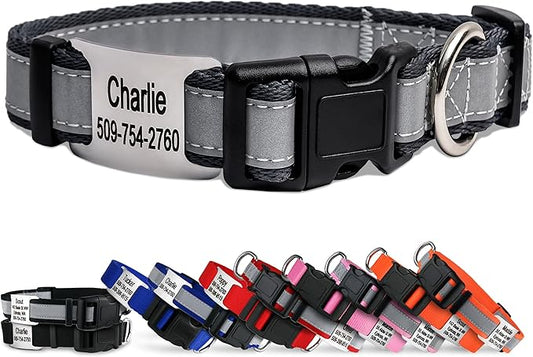 GoTags Reflective Personalized Dog Collar with Nameplate, Adjustable Dog Collar with Custom Engraved Steel Slide On Pet ID Tag, Silent, No Noise Dog Tag for Large Medium or Small (Charcoal, Small)