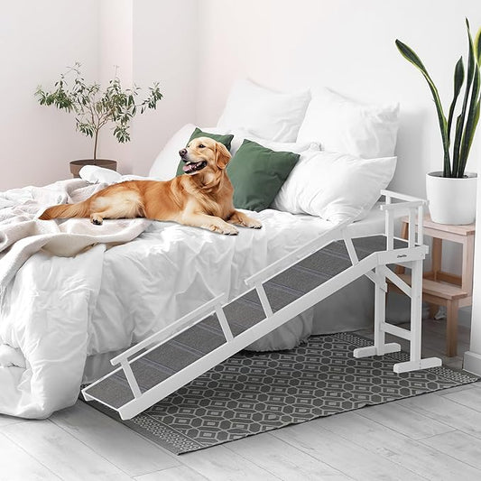 Onelike Wooden Dog Ramp for Bed with Removable Side Rail and Non-Slip Carpet, Stable Pet Ramp Stair for Couch Sofa for Small & Large & Senior Dogs, 74" Long Ramp White