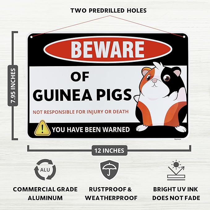 Venicor Guinea Pig Sign Decor - 8 x 12 Inches - Aluminum - Guinea Pig Gifts for Guinea Pig Lovers - Cage Accessories Toys Stickers Stuff