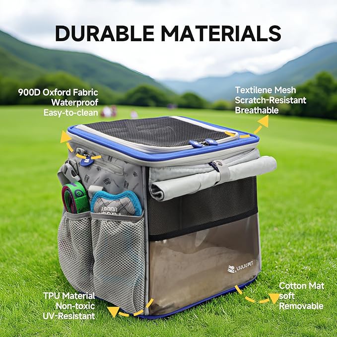 Cat and Dog Backpack Carrier, Breathable Cycling Pet Bag with Mesh Ventilation, Portable Outing Traveling Pet Bag with Top Waterproof Fabric for Small, Medium Cats, Small Dogs, Blue