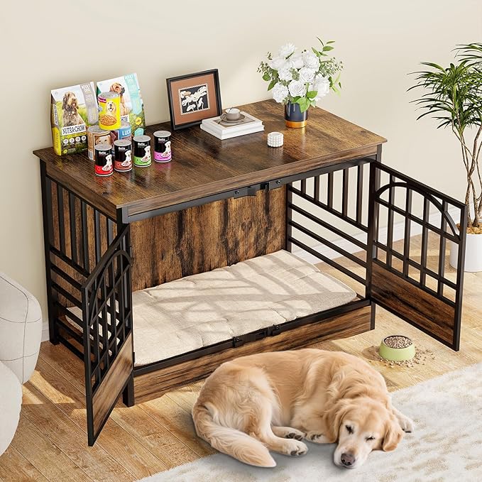 COZPAW 52 Inch Dog Crate Furniture, Extra Large Dog Kennel Indoor for XLarge Breed, Heavy Duty Dog Cage with Double Elegant Arched Doors, Decorate as TV Stand & End Table-Retro Brown